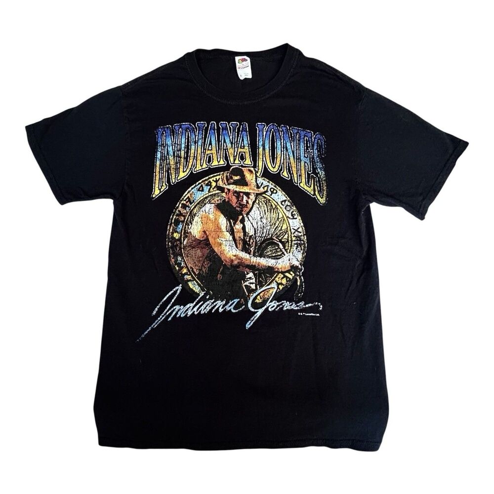 INDIANA JONES T-Shirt Size Small Black With Cracked Vintage Look Graphics
